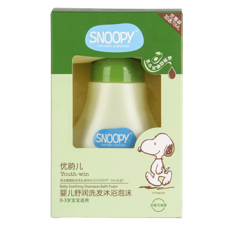 SNOOPY嬰兒舒潤洗發(fā)沐浴泡沫盒子正面